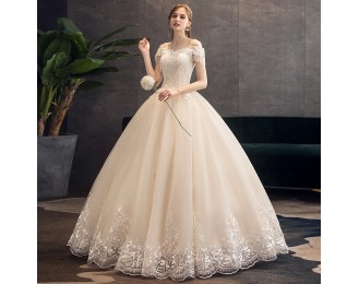 New trailing champagne color wedding dress